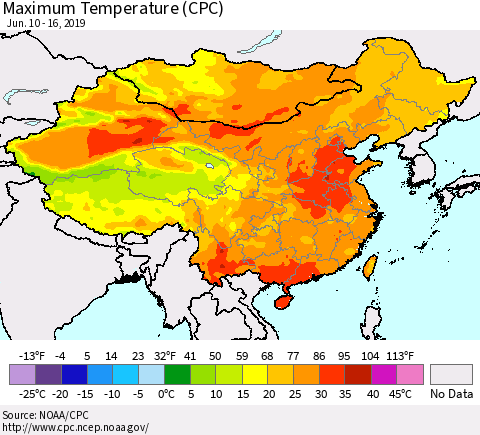China, Mongolia and Taiwan Mean Maximum Temperature (CPC) Thematic Map For 6/10/2019 - 6/16/2019
