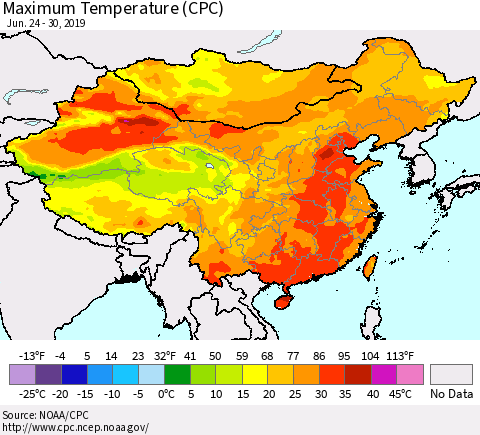China and Taiwan Maximum Temperature (CPC) Thematic Map For 6/24/2019 - 6/30/2019