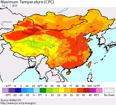China and Taiwan Maximum Temperature (CPC) Thematic Map For 7/1/2019 - 7/7/2019