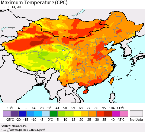 China and Taiwan Maximum Temperature (CPC) Thematic Map For 7/8/2019 - 7/14/2019