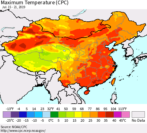China and Taiwan Maximum Temperature (CPC) Thematic Map For 7/15/2019 - 7/21/2019