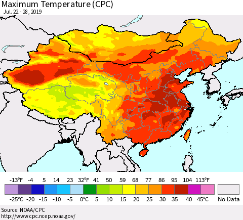 China and Taiwan Maximum Temperature (CPC) Thematic Map For 7/22/2019 - 7/28/2019