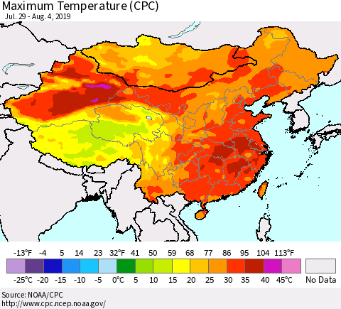 China and Taiwan Maximum Temperature (CPC) Thematic Map For 7/29/2019 - 8/4/2019