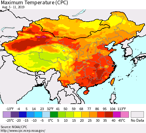 China and Taiwan Maximum Temperature (CPC) Thematic Map For 8/5/2019 - 8/11/2019