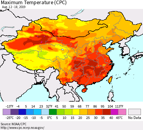 China and Taiwan Maximum Temperature (CPC) Thematic Map For 8/12/2019 - 8/18/2019