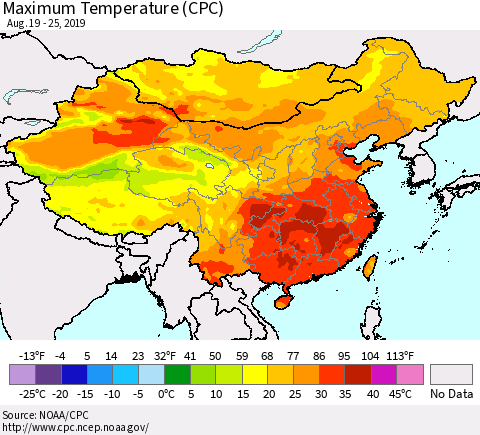 China and Taiwan Maximum Temperature (CPC) Thematic Map For 8/19/2019 - 8/25/2019