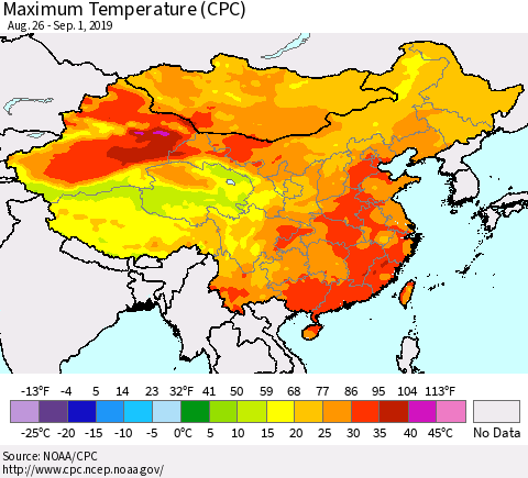 China and Taiwan Maximum Temperature (CPC) Thematic Map For 8/26/2019 - 9/1/2019