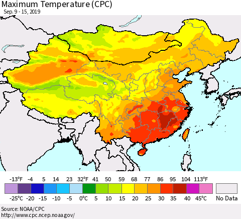 China and Taiwan Mean Maximum Temperature (CPC) Thematic Map For 9/9/2019 - 9/15/2019