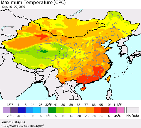 China and Taiwan Mean Maximum Temperature (CPC) Thematic Map For 9/16/2019 - 9/22/2019