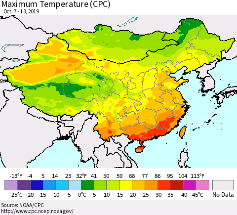 China, Mongolia and Taiwan Mean Maximum Temperature (CPC) Thematic Map For 10/7/2019 - 10/13/2019