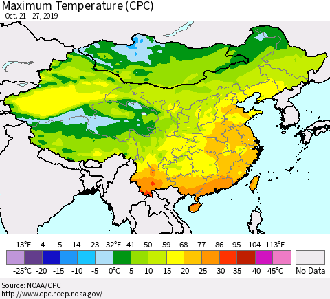 China, Mongolia and Taiwan Mean Maximum Temperature (CPC) Thematic Map For 10/21/2019 - 10/27/2019