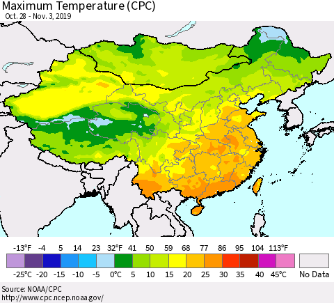 China and Taiwan Mean Maximum Temperature (CPC) Thematic Map For 10/28/2019 - 11/3/2019