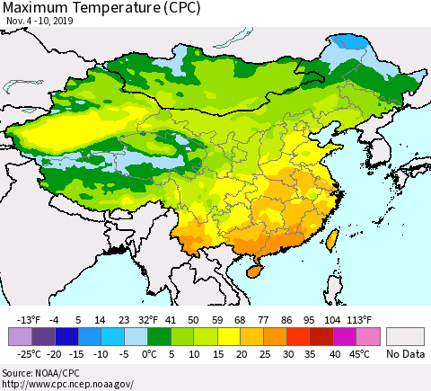 China and Taiwan Mean Maximum Temperature (CPC) Thematic Map For 11/4/2019 - 11/10/2019
