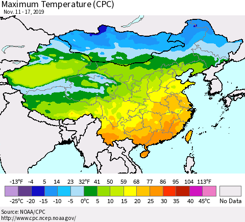 China and Taiwan Mean Maximum Temperature (CPC) Thematic Map For 11/11/2019 - 11/17/2019