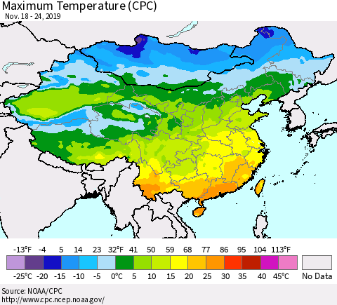 China and Taiwan Mean Maximum Temperature (CPC) Thematic Map For 11/18/2019 - 11/24/2019