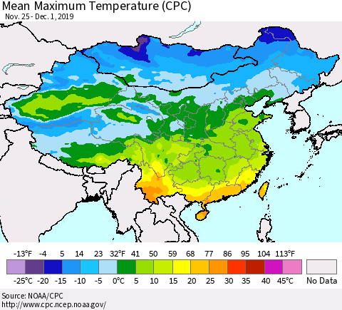 China and Taiwan Mean Maximum Temperature (CPC) Thematic Map For 11/25/2019 - 12/1/2019