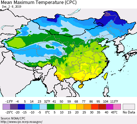 China and Taiwan Mean Maximum Temperature (CPC) Thematic Map For 12/2/2019 - 12/8/2019