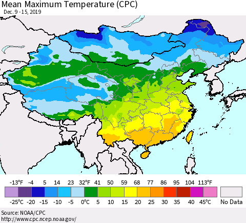 China and Taiwan Mean Maximum Temperature (CPC) Thematic Map For 12/9/2019 - 12/15/2019