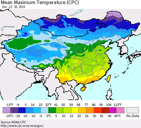 China and Taiwan Mean Maximum Temperature (CPC) Thematic Map For 12/23/2019 - 12/29/2019