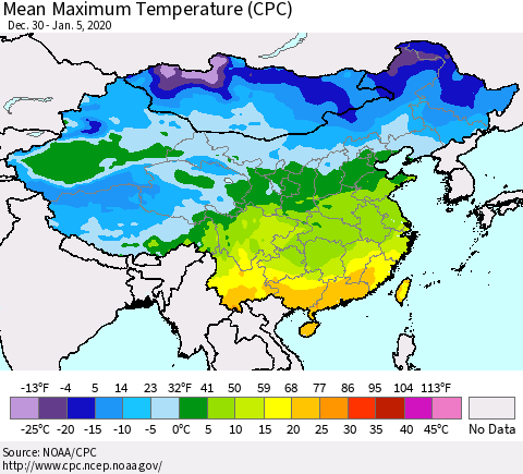 China and Taiwan Mean Maximum Temperature (CPC) Thematic Map For 12/30/2019 - 1/5/2020