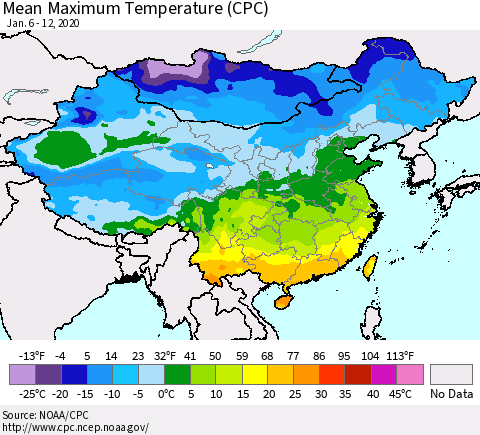 China, Mongolia and Taiwan Mean Maximum Temperature (CPC) Thematic Map For 1/6/2020 - 1/12/2020