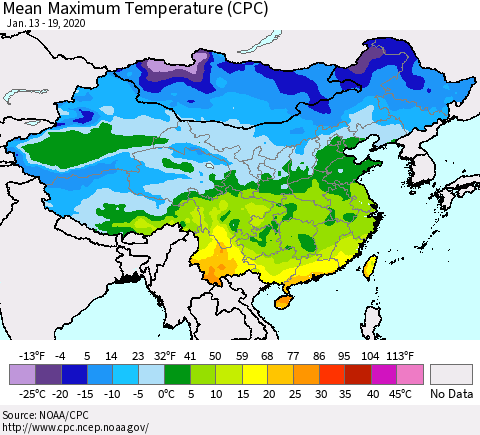China and Taiwan Mean Maximum Temperature (CPC) Thematic Map For 1/13/2020 - 1/19/2020