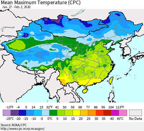 China, Mongolia and Taiwan Mean Maximum Temperature (CPC) Thematic Map For 1/27/2020 - 2/2/2020