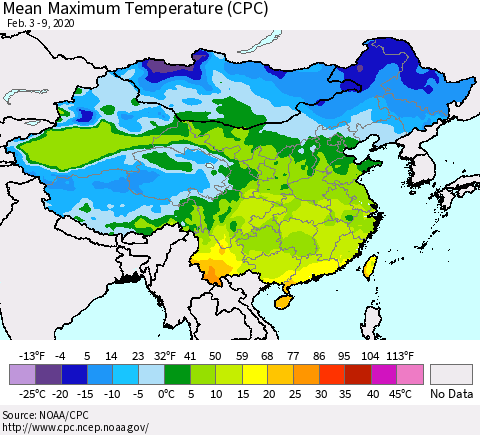 China and Taiwan Mean Maximum Temperature (CPC) Thematic Map For 2/3/2020 - 2/9/2020
