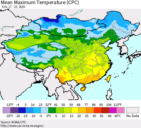 China and Taiwan Mean Maximum Temperature (CPC) Thematic Map For 2/17/2020 - 2/23/2020