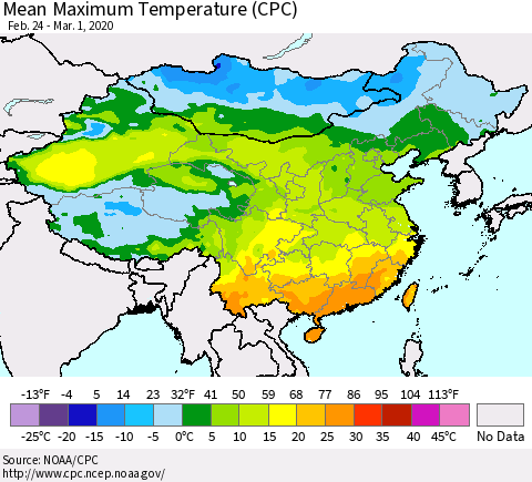 China and Taiwan Mean Maximum Temperature (CPC) Thematic Map For 2/24/2020 - 3/1/2020