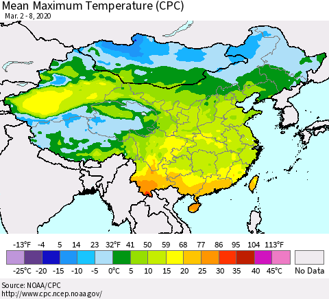 China and Taiwan Mean Maximum Temperature (CPC) Thematic Map For 3/2/2020 - 3/8/2020