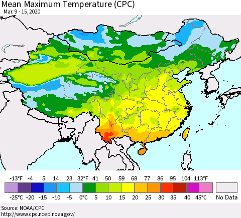 China and Taiwan Mean Maximum Temperature (CPC) Thematic Map For 3/9/2020 - 3/15/2020