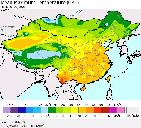 China and Taiwan Mean Maximum Temperature (CPC) Thematic Map For 3/16/2020 - 3/22/2020