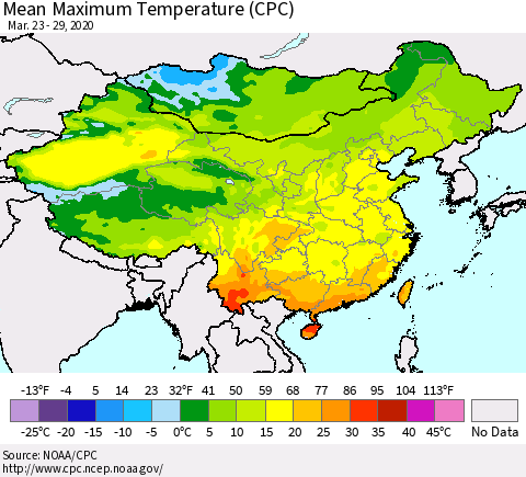China and Taiwan Mean Maximum Temperature (CPC) Thematic Map For 3/23/2020 - 3/29/2020