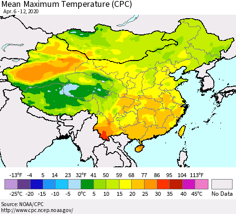 China and Taiwan Mean Maximum Temperature (CPC) Thematic Map For 4/6/2020 - 4/12/2020