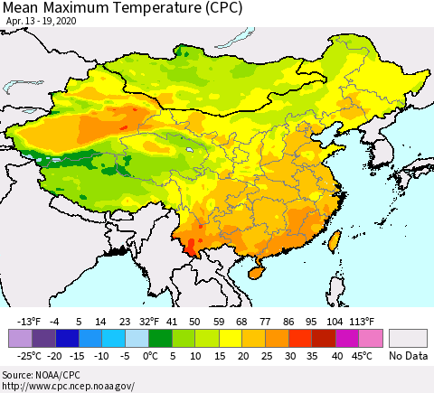 China and Taiwan Mean Maximum Temperature (CPC) Thematic Map For 4/13/2020 - 4/19/2020
