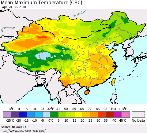 China and Taiwan Mean Maximum Temperature (CPC) Thematic Map For 4/20/2020 - 4/26/2020