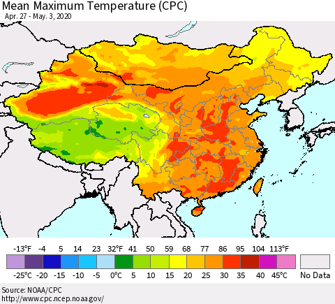 China and Taiwan Mean Maximum Temperature (CPC) Thematic Map For 4/27/2020 - 5/3/2020
