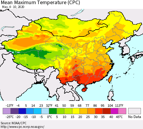 China, Mongolia and Taiwan Mean Maximum Temperature (CPC) Thematic Map For 5/4/2020 - 5/10/2020