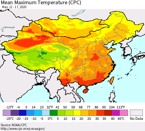 China, Mongolia and Taiwan Mean Maximum Temperature (CPC) Thematic Map For 5/11/2020 - 5/17/2020