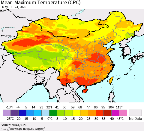 China and Taiwan Mean Maximum Temperature (CPC) Thematic Map For 5/18/2020 - 5/24/2020