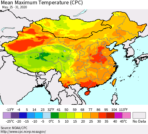 China and Taiwan Mean Maximum Temperature (CPC) Thematic Map For 5/25/2020 - 5/31/2020