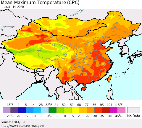 China and Taiwan Mean Maximum Temperature (CPC) Thematic Map For 6/8/2020 - 6/14/2020