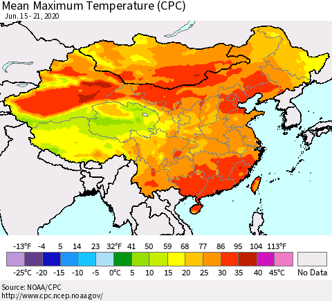 China, Mongolia and Taiwan Mean Maximum Temperature (CPC) Thematic Map For 6/15/2020 - 6/21/2020