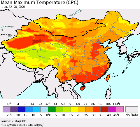 China, Mongolia and Taiwan Mean Maximum Temperature (CPC) Thematic Map For 6/22/2020 - 6/28/2020