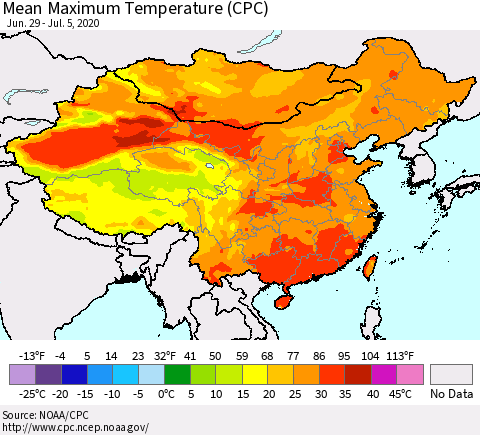 China and Taiwan Mean Maximum Temperature (CPC) Thematic Map For 6/29/2020 - 7/5/2020