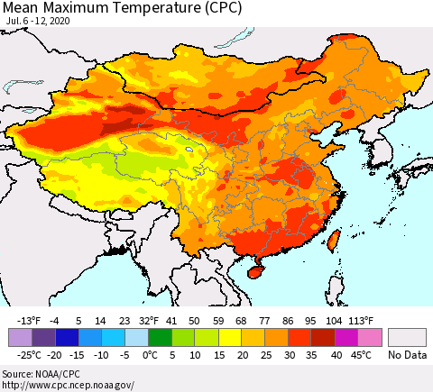China, Mongolia and Taiwan Mean Maximum Temperature (CPC) Thematic Map For 7/6/2020 - 7/12/2020