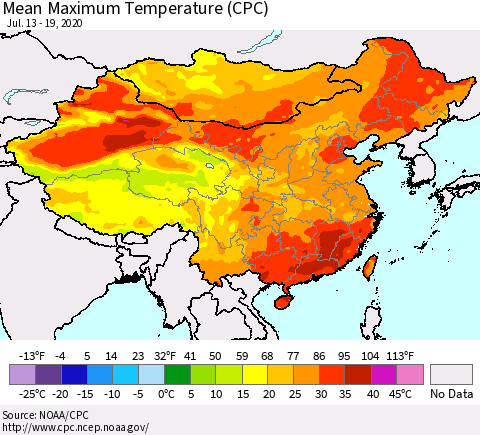 China, Mongolia and Taiwan Mean Maximum Temperature (CPC) Thematic Map For 7/13/2020 - 7/19/2020