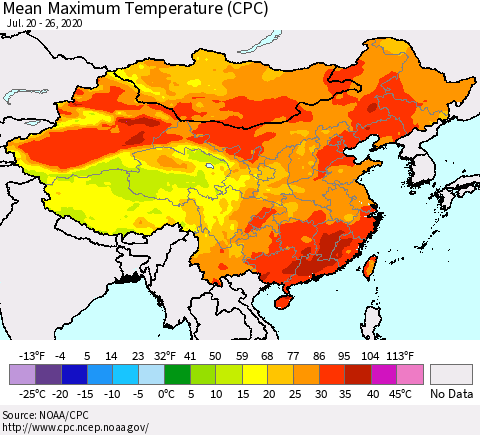 China, Mongolia and Taiwan Mean Maximum Temperature (CPC) Thematic Map For 7/20/2020 - 7/26/2020