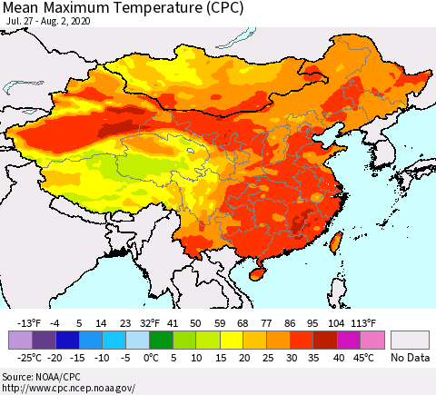 China, Mongolia and Taiwan Mean Maximum Temperature (CPC) Thematic Map For 7/27/2020 - 8/2/2020